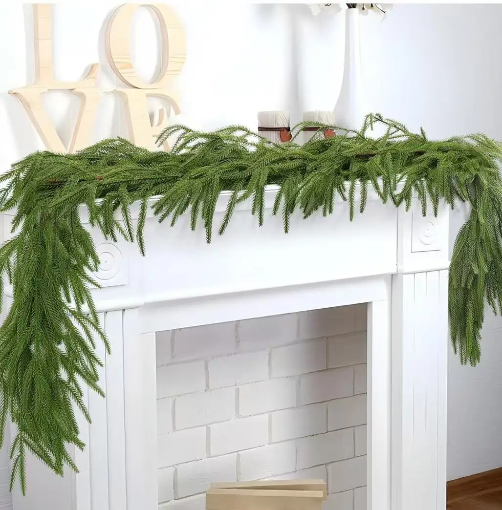 

2 Pcs Artificial Norfolk Pine Garlands, Real Touch Winter Pine Garland, Green Artificial Greenery Garland for Table, Mantle Wal