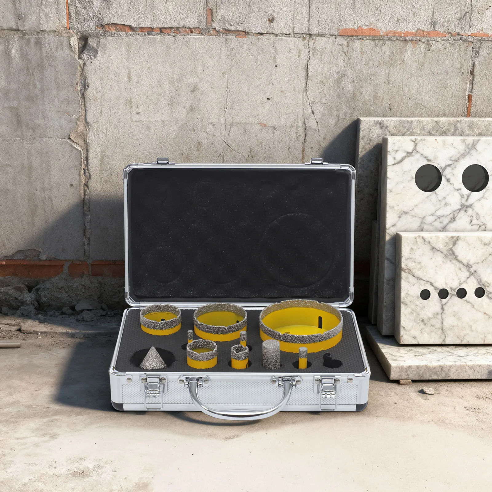 

Набор алмазных сверл (10 шт.) с отверстиями для удаления стружки и кейсом для хранения, для использования на стройплощадках, в производстве и дома