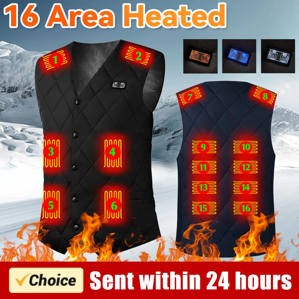 

16 Areas Heated Vest USB Infrared Heating Vest Jacket Unisex Winter Electric Heated Vest Outdoor Sports Hiking Oversized M-6XL