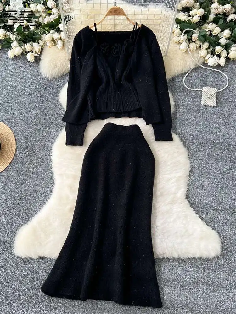 BabYoung delikatna gruba dzianina 3 szt. Garnitury jesień z długim rękawem luźny kardigan + 3D kwiat Camis + solidna spódnica moda damska ciepłe zestawy