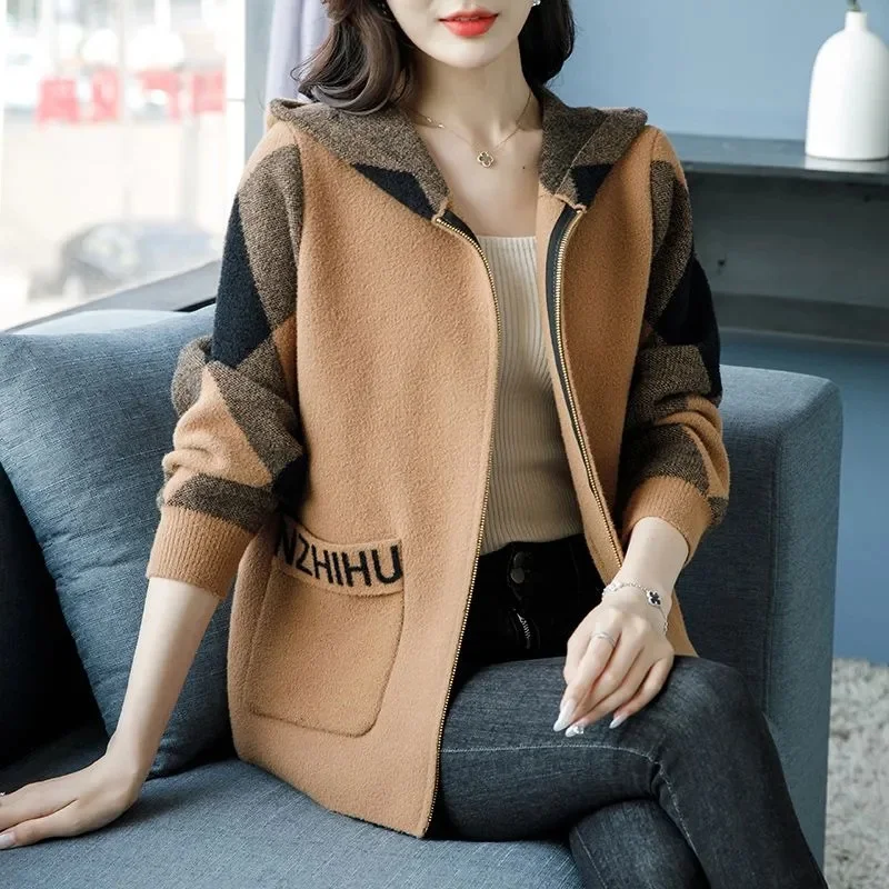 

Western-Style 2026Spring Autumn Coat Women High-End Large Size Hooded Jacket Korean Overcoat Middle-Aged Outwear Cardigan Ladies