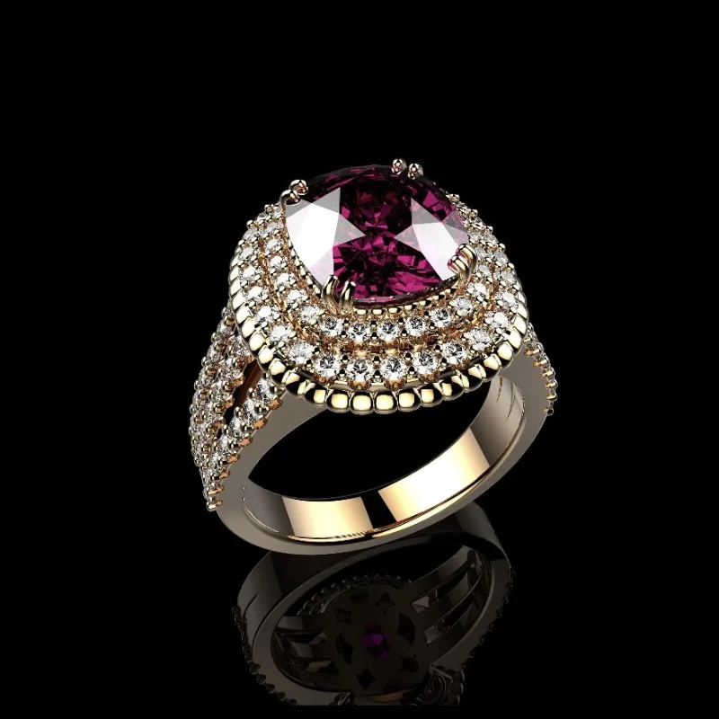 Huajie Shining Rose Red Zircon Inlay Rings for Women Full Paved Brilliant Rhinestone Gold Plated Ring New Jewelry Trend