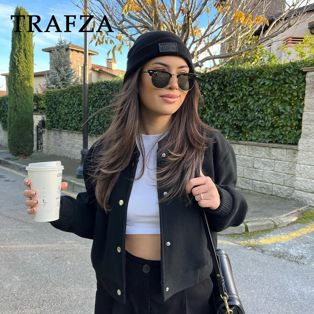 TRAFZA 2024 Autumn Winter Casual Women Jackets Fashion Streetwear O Neck Solid Single Breasted Pockets Chic Ladies Jackets