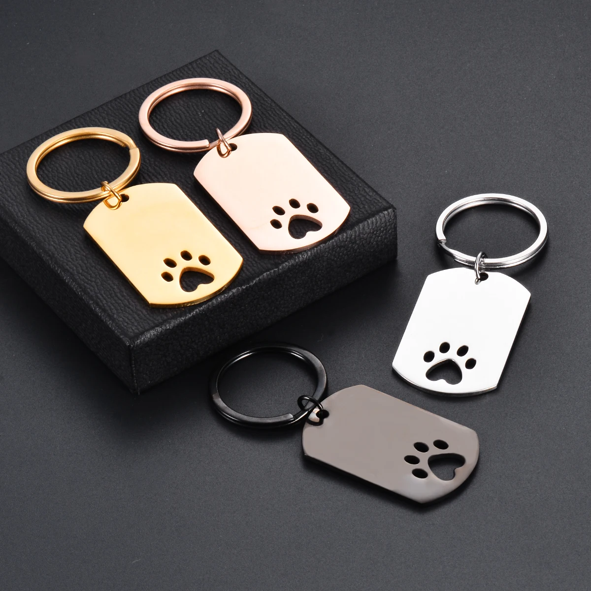 10Pcs High Quality Stainless Steel Blank Keychain Rectangle Hollow Paw Print Keyring For Women Men To Record Metal Jewelry
