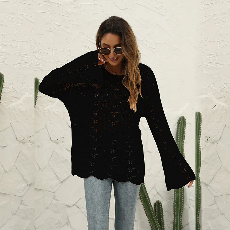 2022 autunno e inverno nuova maglia tinta unita gancio fiore scava fuori pullover girocollo maglione allentato per le donne