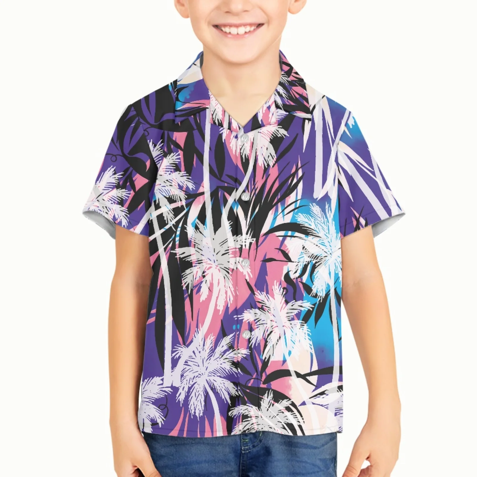 

Polynesia Tribe Summer Palm Leaves Printing V-neck Boys Shirt Polyester Cotton Beach Anti-Pilling Short Sleeve Shirts For Boys