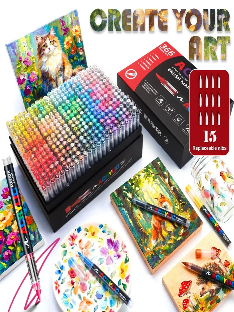 12-366 kleuren acrylverf pen marker penseelpunt verf automatisch inktcontrolesysteem marker voor rotsschildering hout kerstcadeau - afbeelding 2