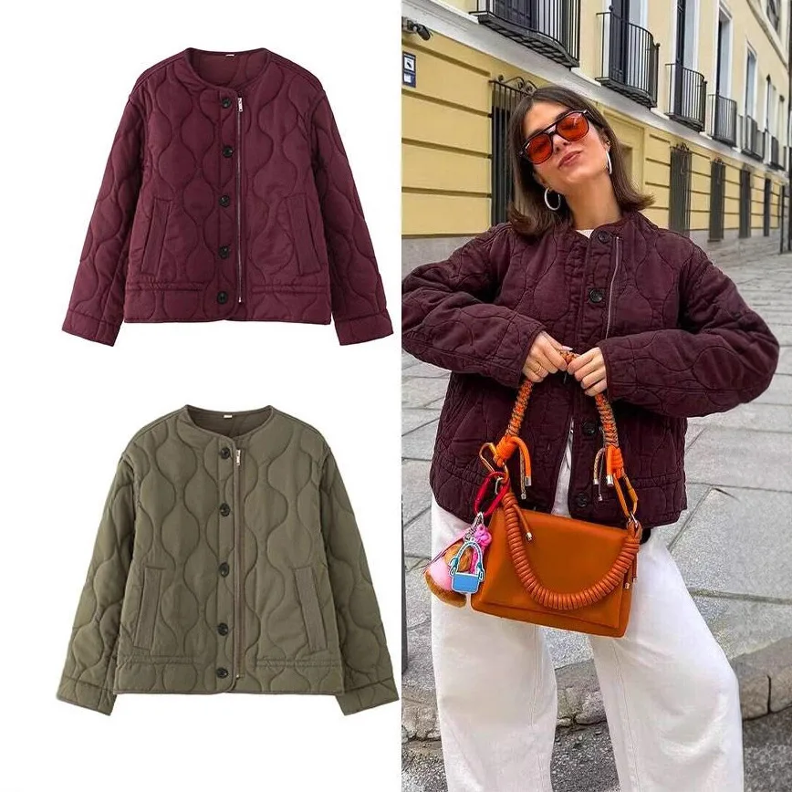 

Women Fashion Quilted Padded Jackets Vintage Solid Long Sleeve Buttons Zipper Jacket Coat 2025 Autumn Winter Outerwear