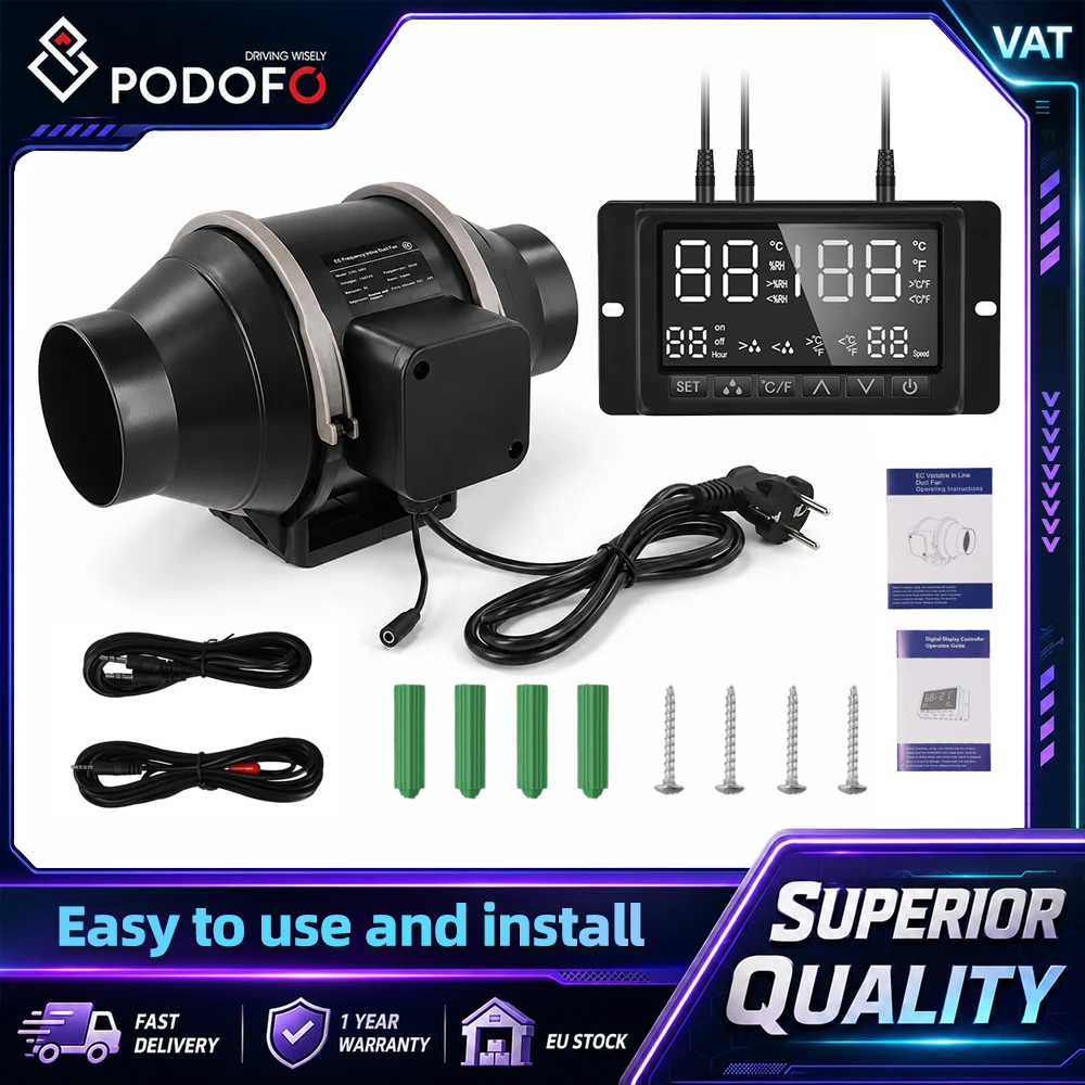 Podofo 4-Zoll-Inline-Kanalventilator mit EC-Motor und Temperatur- und Feuchtigkeitsregler, Abluftventilator für Growzelte, Hydroponikräume, Küchen, Keller, Werkstätten und Elektronikgerätezimmer.