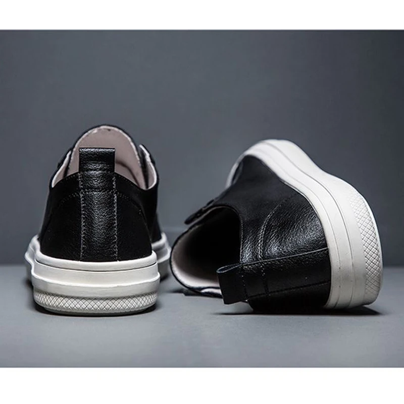 Spring Summer Genuine Leather Black White Shoes Men Casual Shoes Flat Brand Cow Leather Cool Street Young Male Footwear DX237