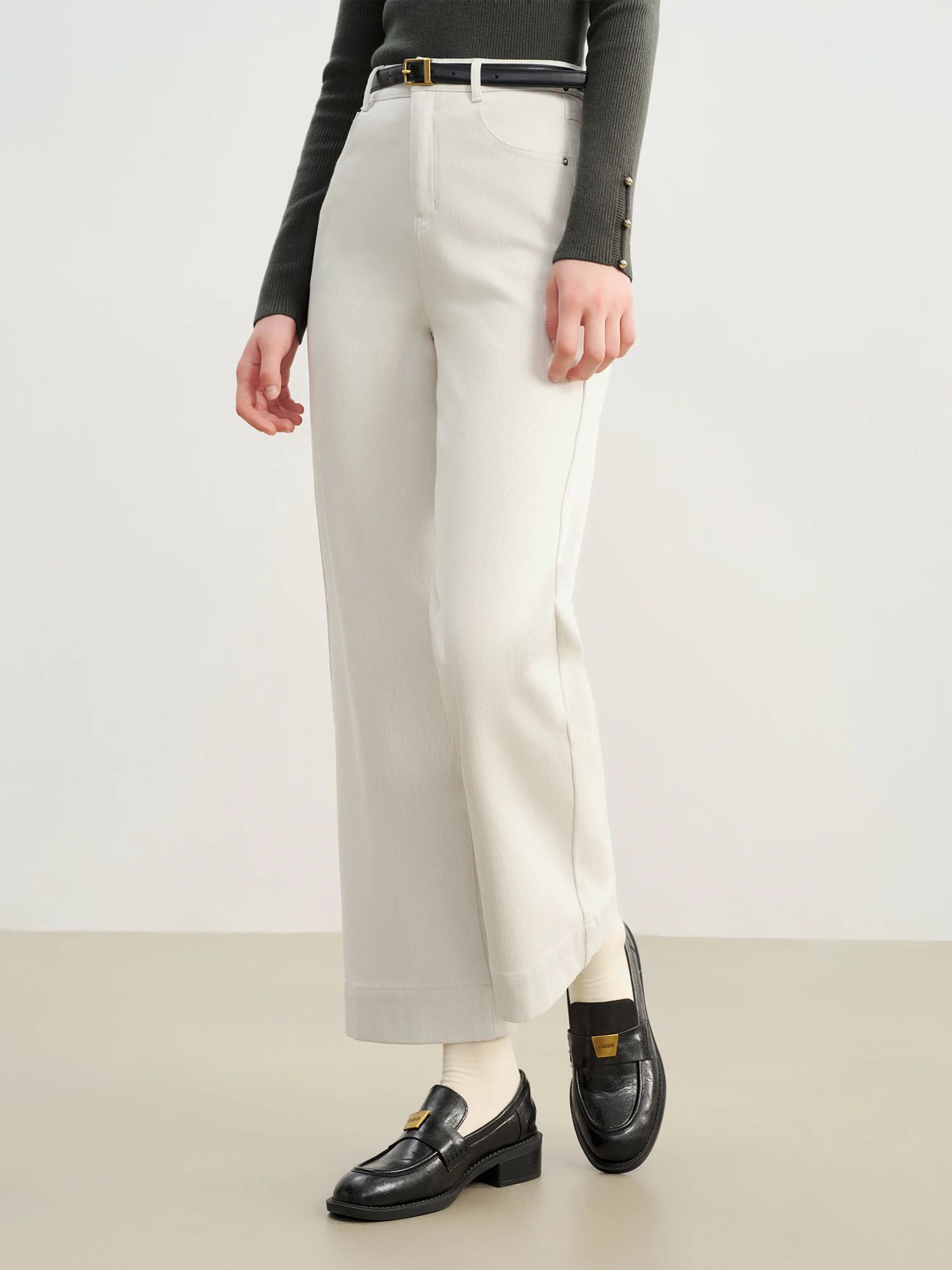 ZIQIAO 2025 Autumn/Winter New Arrival Stretchy White Faux Denim High-Waisted Straight Leg Cropped Casual Pants for Petite Women
