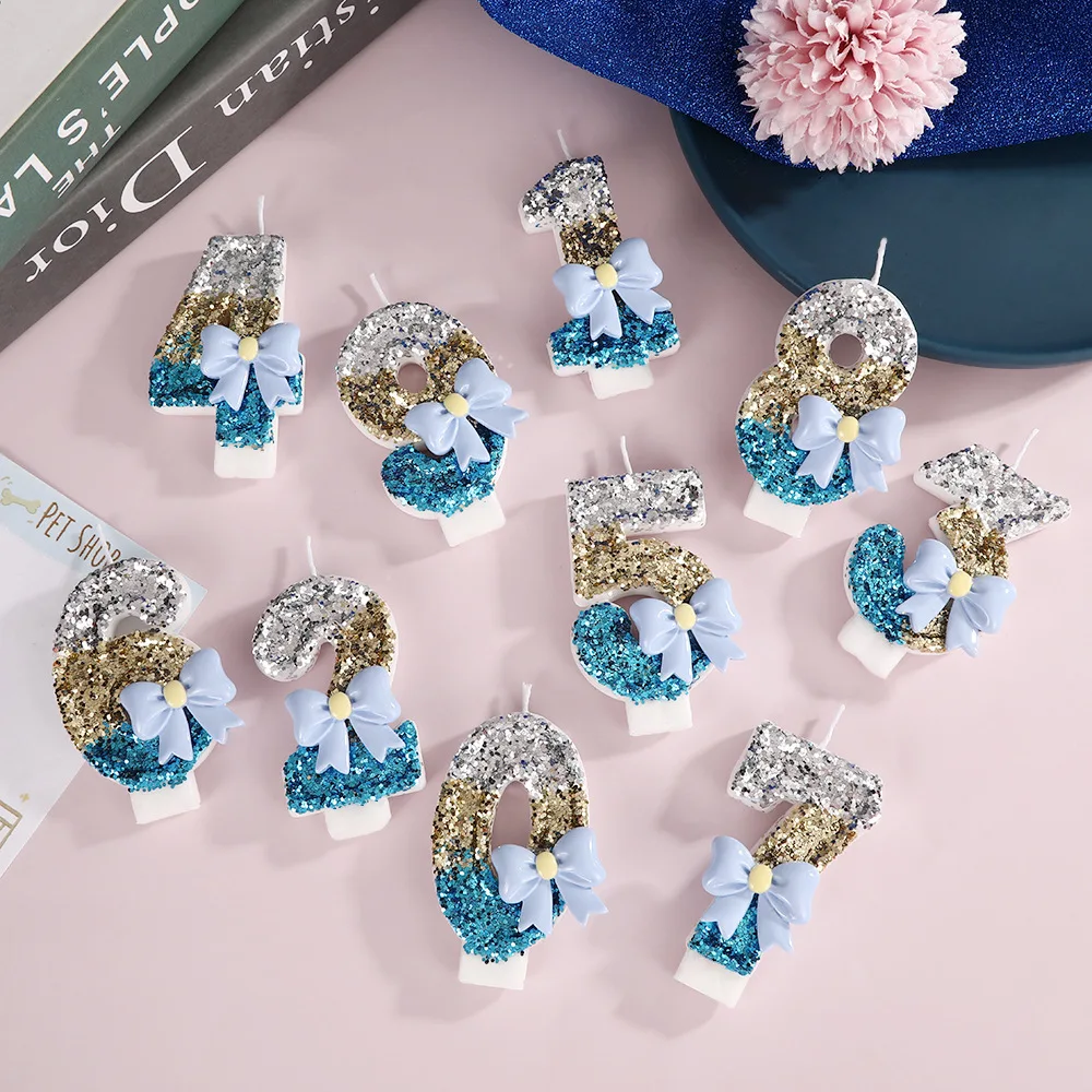 Light blue bow-shaped number candles, silver-gold blue three-color candles, party gifts, birthday and anniversary candles