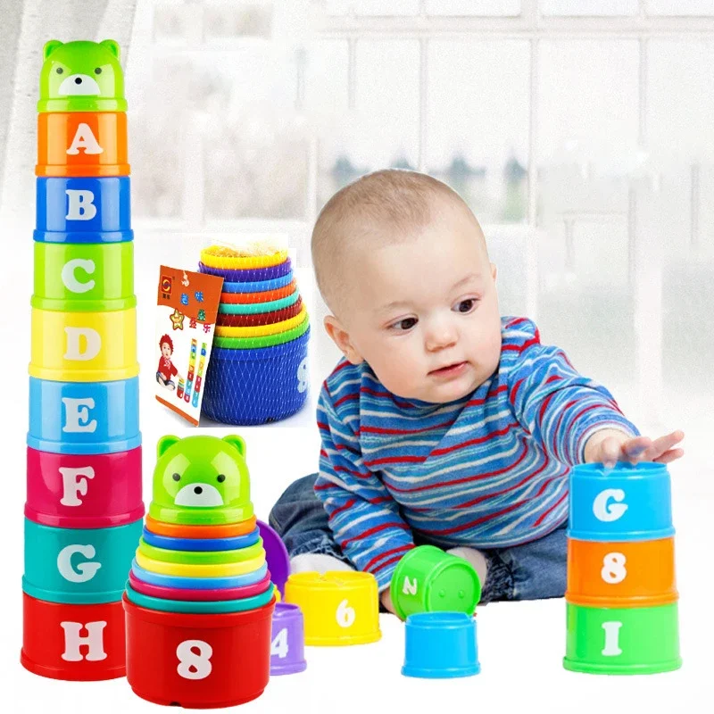 9PCS Bear Stack Tower Cup Educational Baby Toys Figures Folding Tower Funny Piles Cup Letter Toy for Kids Intelligence Baby Toys