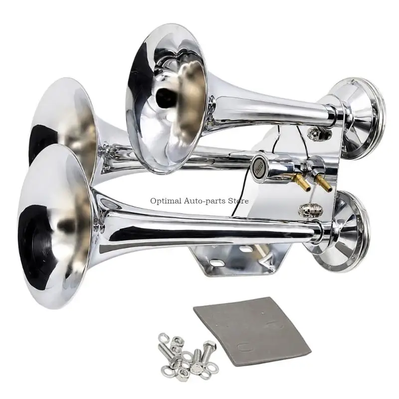Air-Powered Warning Horn Assembly with 3 Metal Trumpets for Supported 12 V or 24 V Truck and Boat Electrical Systems 145dB