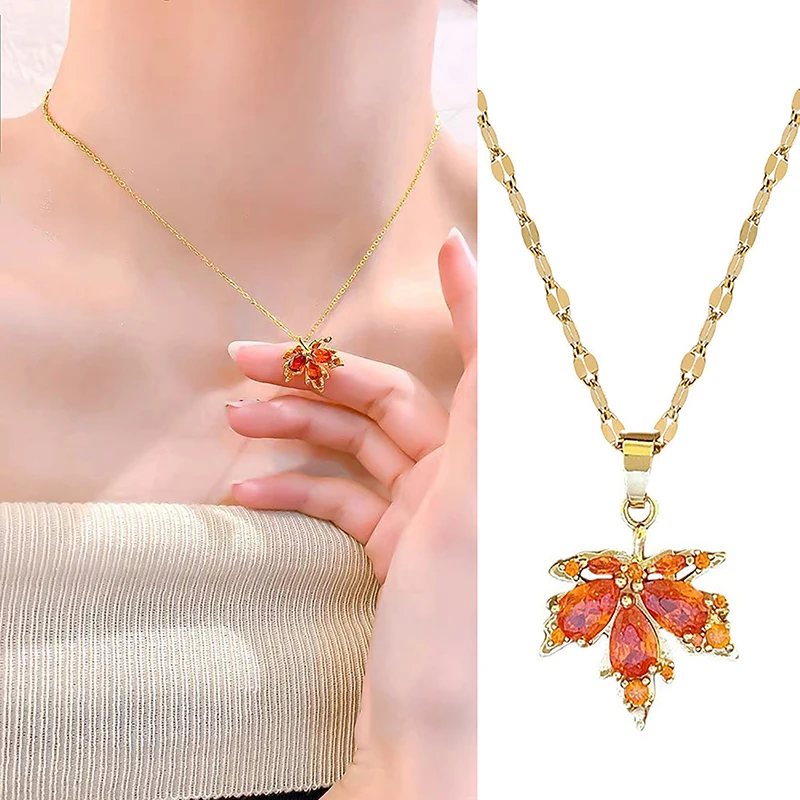 New Fashion Love Memory Red Maple Leaf Pendant Necklace For Women Cute Romantic Female Neck Chain Ladies Stainless Steel Jewelry view 2