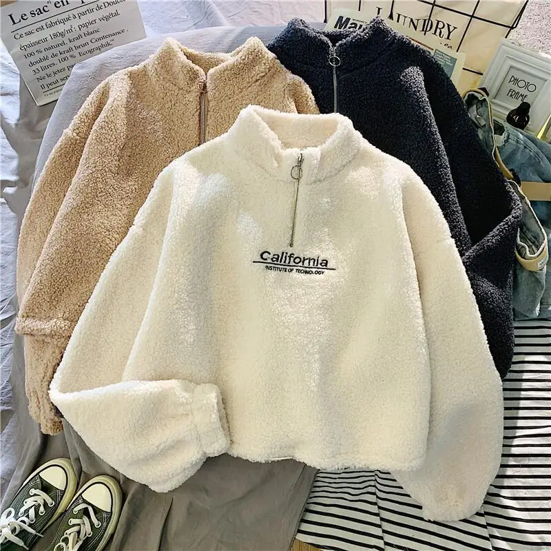 

Korean Style Half High Neck Sweatshirt Fleece Lined Thickened Lamb Wool Furry Women Casual Early Spring Warm Short Hoodie