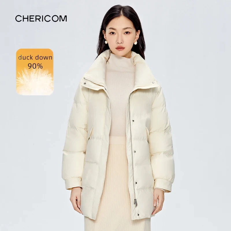 

Chericom Winter Stand-up Collar Down Jacket Mid-Length Elegant Quilted Design White Duck Down Padded Windproof Coats Y289130Y