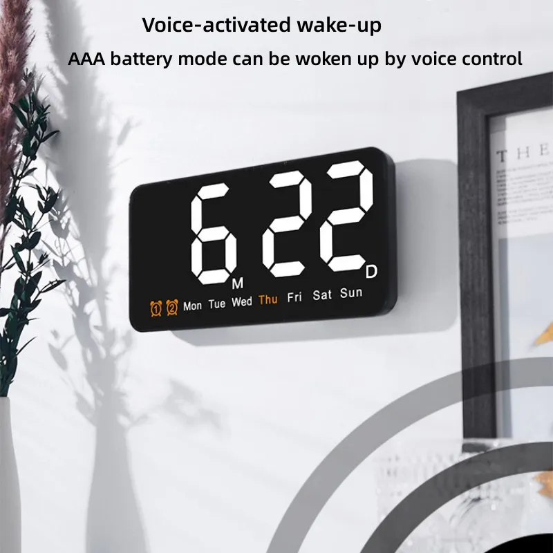 Sprachsteuerung, große digitale Wanduhr, Temperatur, Datum, Woche, DST, Schlummer-Tischuhr, 12/24 Stunden, Dual-Alarm, Wand-LED-Uhr – Detail 8