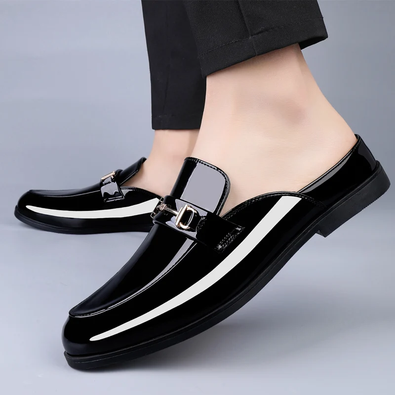 Men Luxury Designer patent Leather Mules Male Summer Fashion Casual Breathable Comfy Sandals Open Back Low-heel Slippers