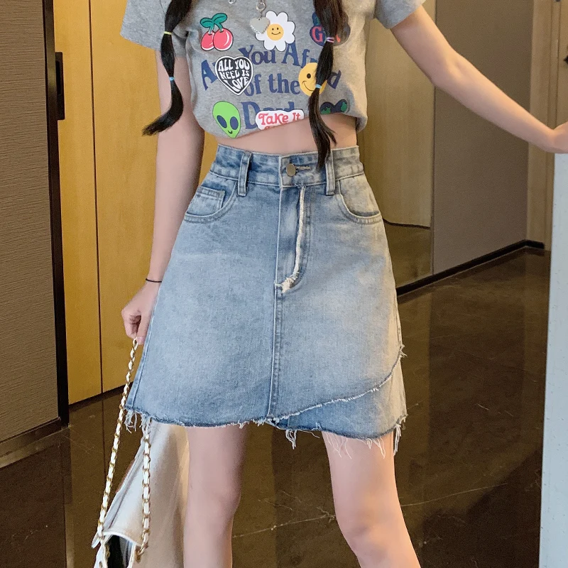 

Юбка трапециевидной формы с высокой талией для девочек, джинсовая юбка нестандартного дизайна, женская модная корейская однотонная юбка для поездок на работу