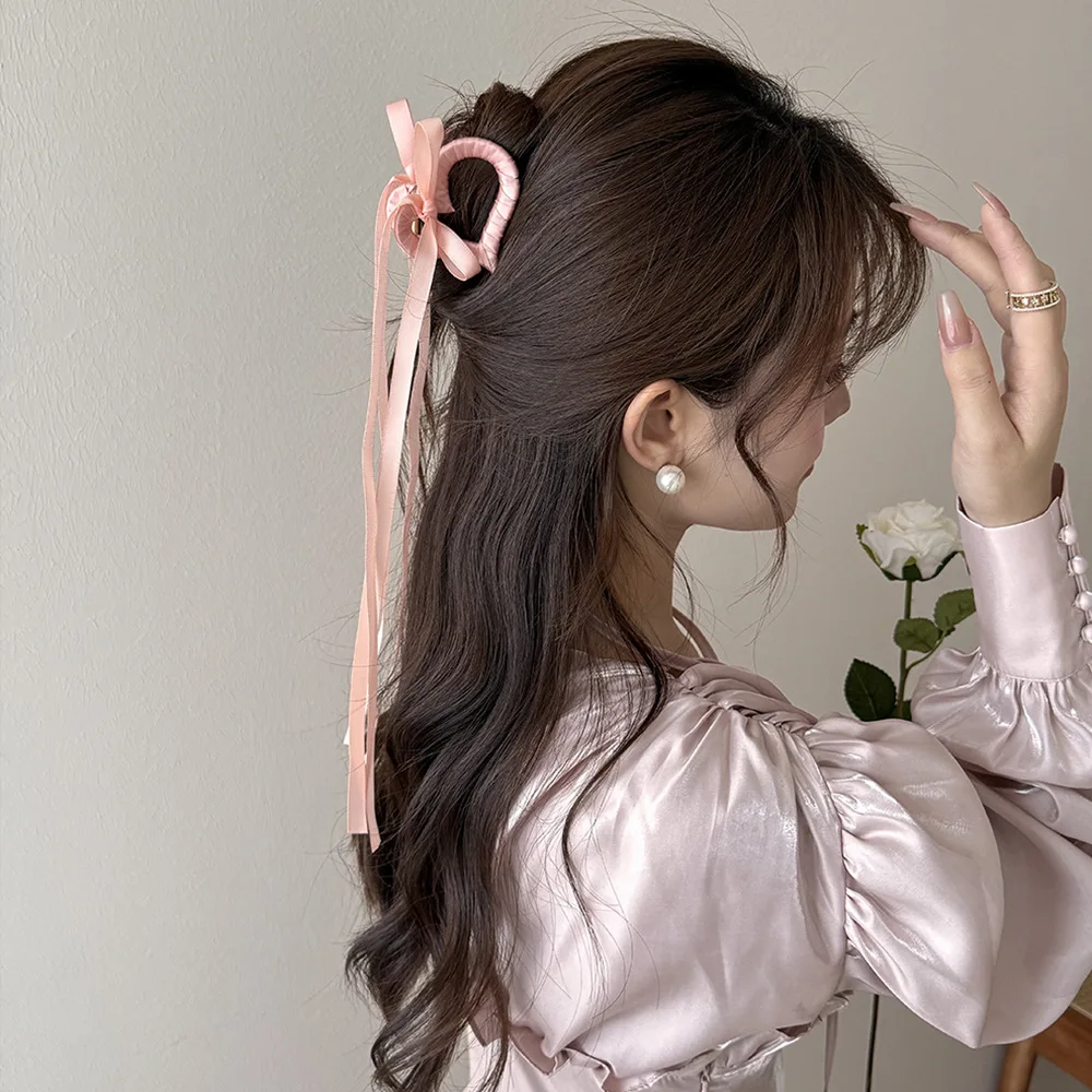 

2-Piece Korean Lace Fringe Bow Clip with Ribbon and Openwork Heart Hairpin - Sweet Back Hair Accessory for Women