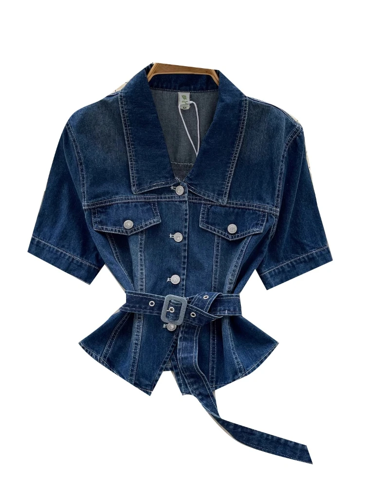 High Street Vintage Denimเสื้อเข็มขัดSlim Top 2025 ฤดูร้อนเสื้อโปโลแขนสั้นElegant OLคาวบอยสั้นเสื้อผู้หญิง