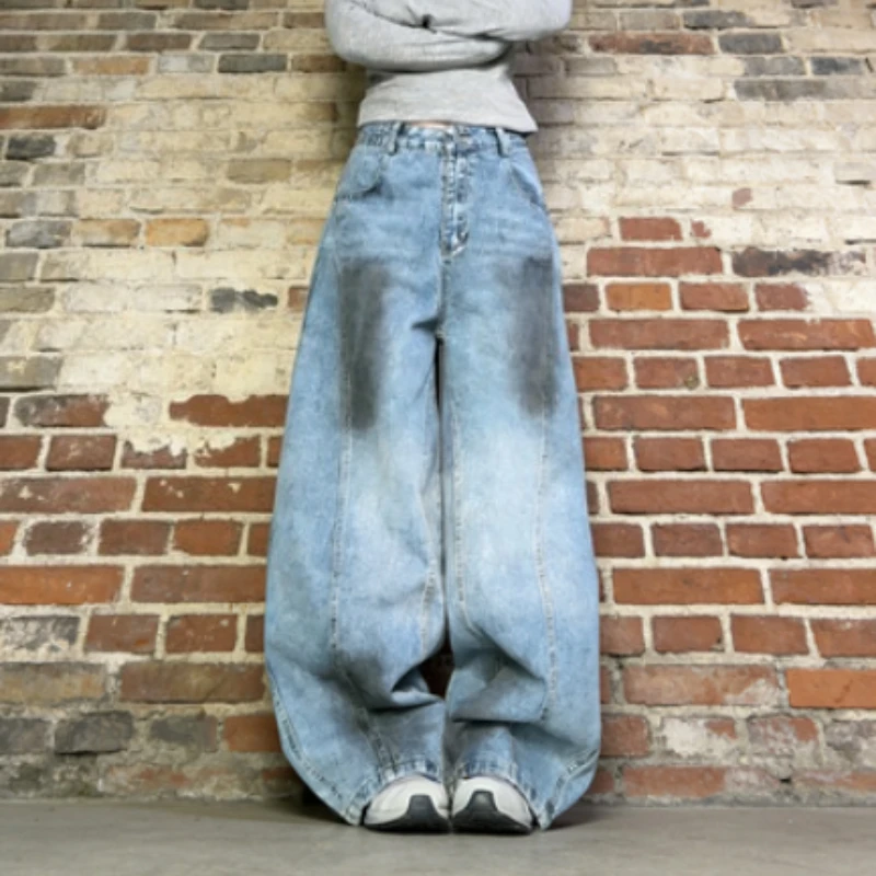 Plus Size Women's American Retro Distressed Graffiti Curved Denim Jeans 2025 Autumn Loose Fit Droopy Wide Leg Trousers