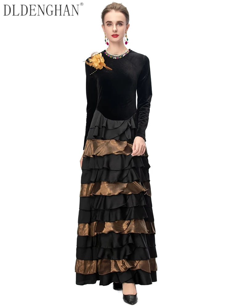 Dldenghan feminino veludo retalhos em camadas babados o pescoço manga longa maxi vestido vintage bolo estilo vestidos outono feminino