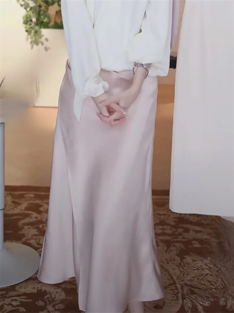 

Розовая атласная юбка-миди с завышенной талией, облегающая, в корейском стиле, для повседневной носки, от бренда Cheese