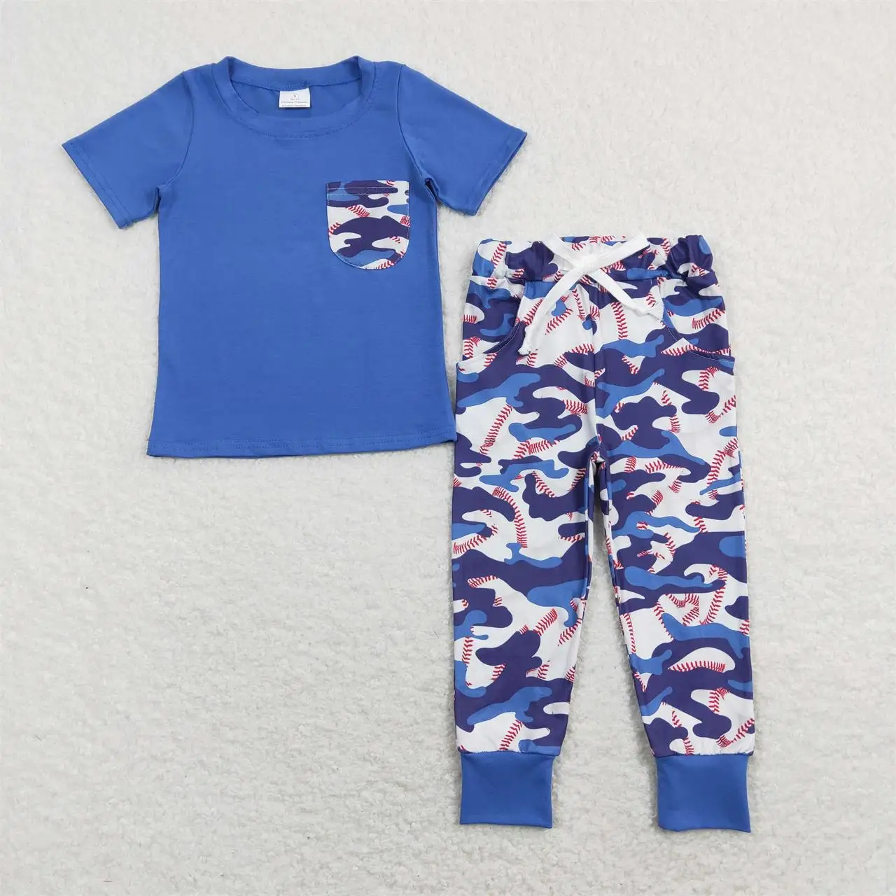 

Wholesale Baby Boy Outfit Toddler Blue Short Sleeves Cotton T-Shirts Kids Baseball Camo Pocket Pants Infant Children Sets