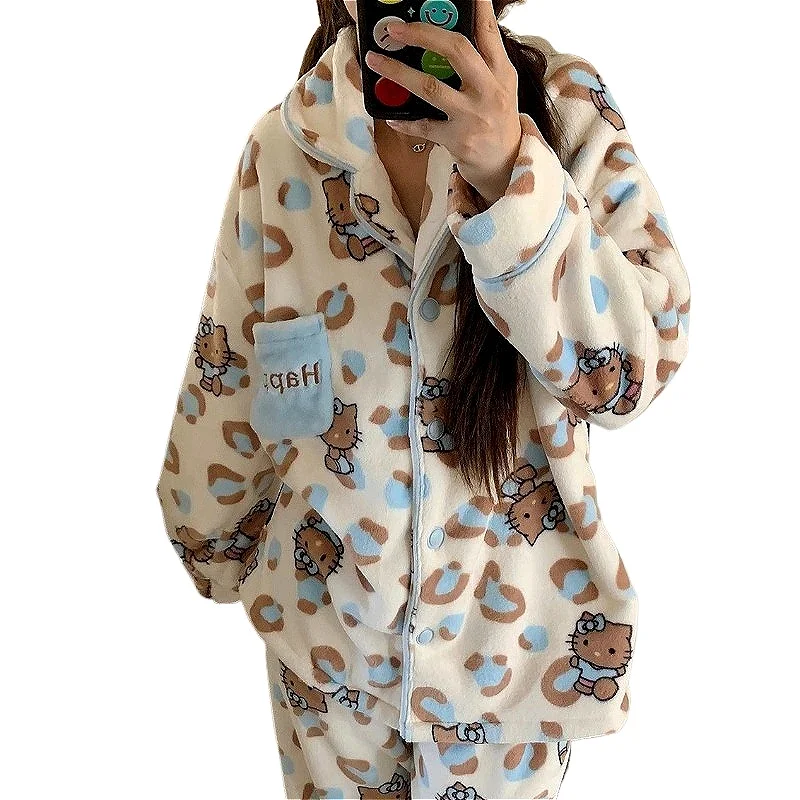 Hello Kitty Cute Girls Pajama Sets Leopard Winter Thick Pajamas Sleepwear Flannel Soft Women Pijamas Coral Fleece Home Clothes