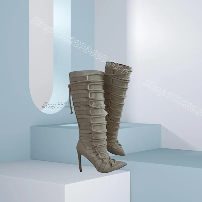 

Cream Cross Band Knee Boots Pointed Toe Spring Stiletto Splicing Fashion Personality Women Party Boots 2025 Zapatos Para Mujere