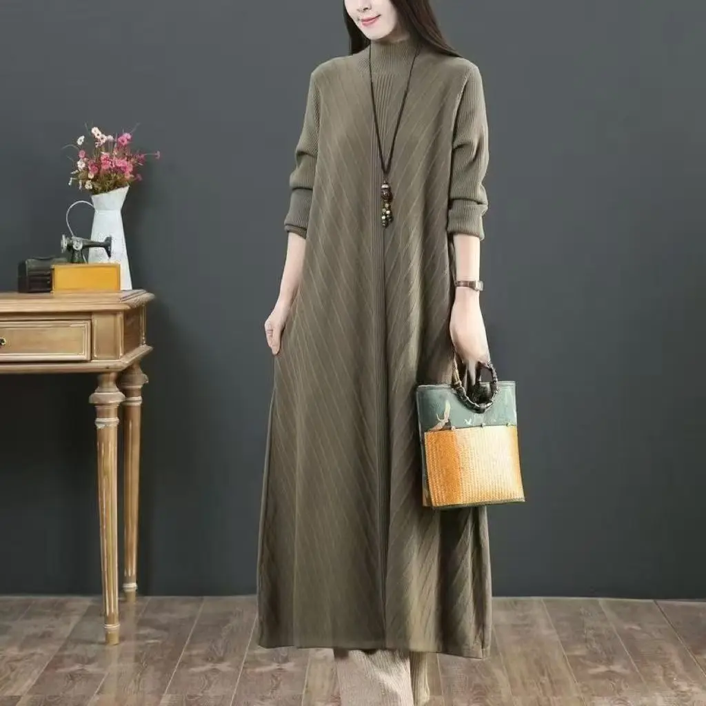 ヴィンテージルーズニットウェア女性服冬ロングドレス春秋プルオーバー女性のセーター暖かいベーシックウェア女性ジャンパー