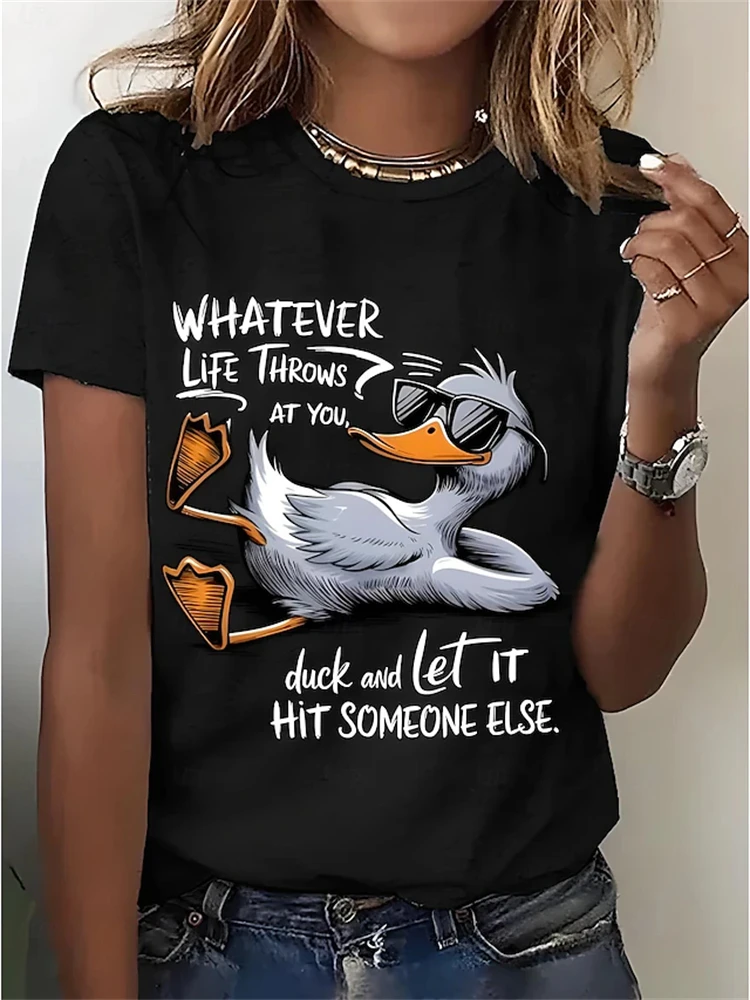 Women's Casual Round-Neck Short-Sleeve T-Shirt Funny Duck Print Women's Top Outdoor Street Style Fashion Short-Sleeve
