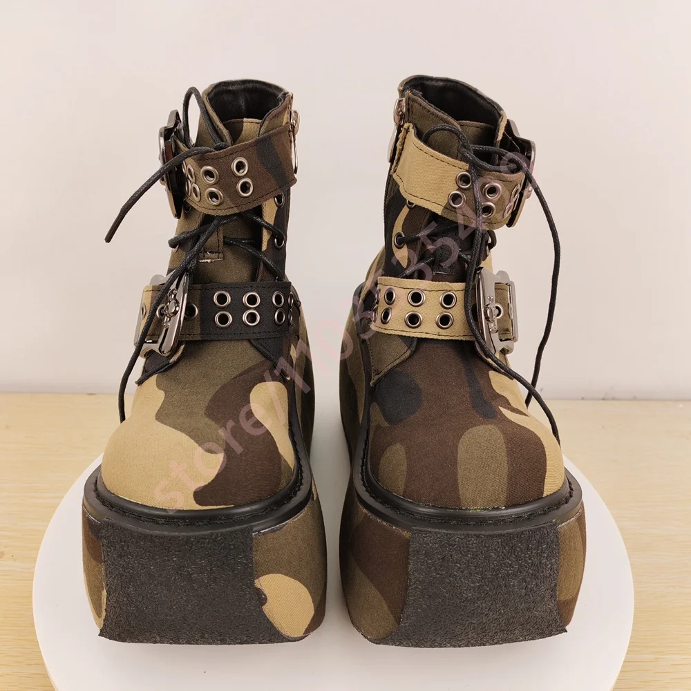 Tank Belt Buckle Camouflage Short Boots 2025 New Round Street Style Lace-Up Wedge Heel Boots Fashion Party Casual Stage Boots image 6