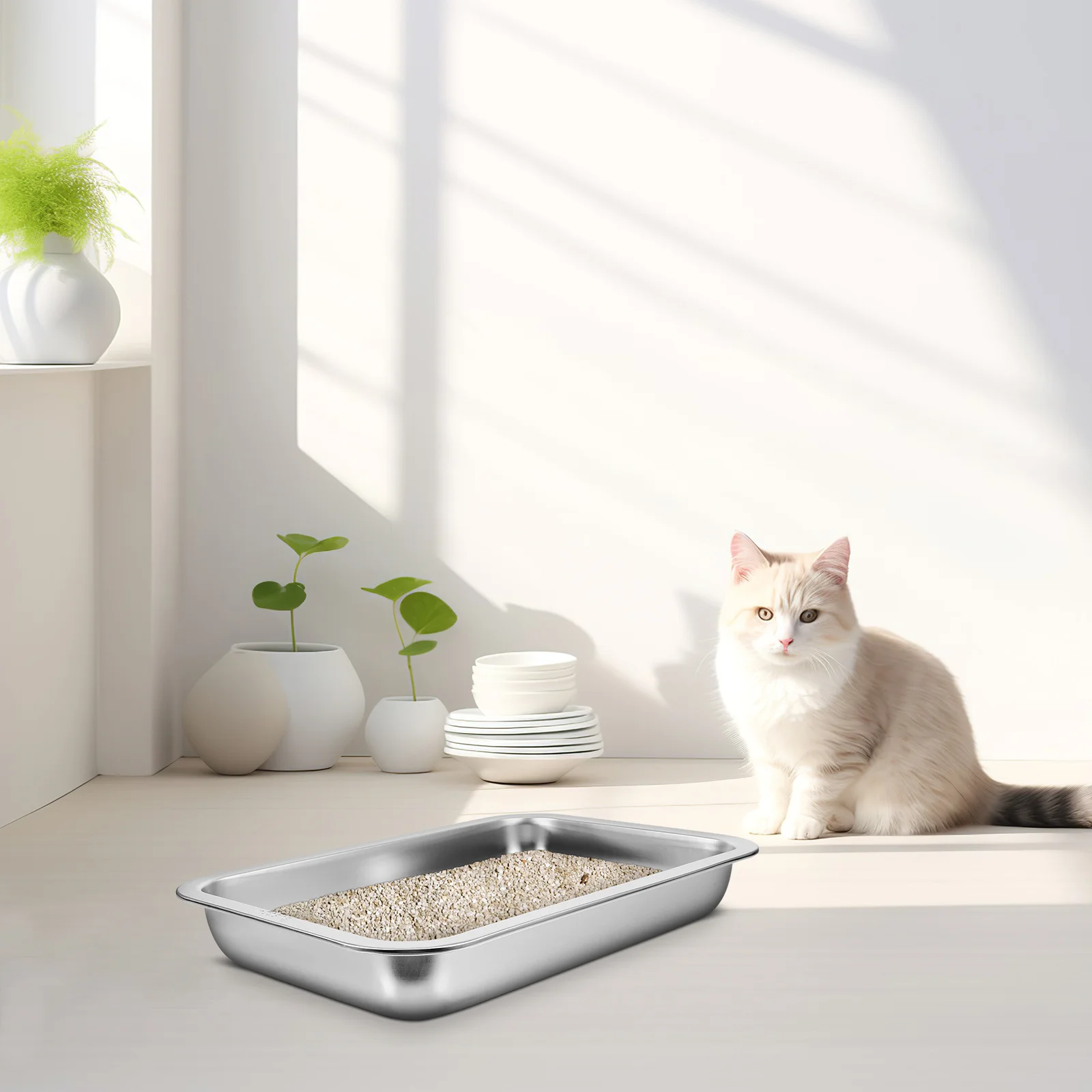 

Stainless Steel Cat Litter Box Large Metal Tray Open Design Sturdy Non-Deformable Easy Clean Litter Box for Cats