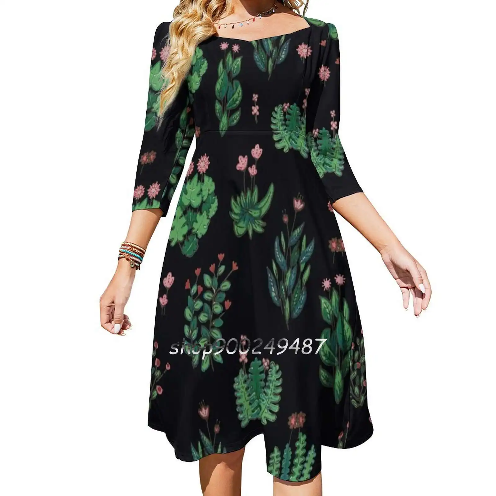 

Green Garden Flare Dress Square Neck Dress Elegant Female Fashion Printed Dress Green Garden Nature