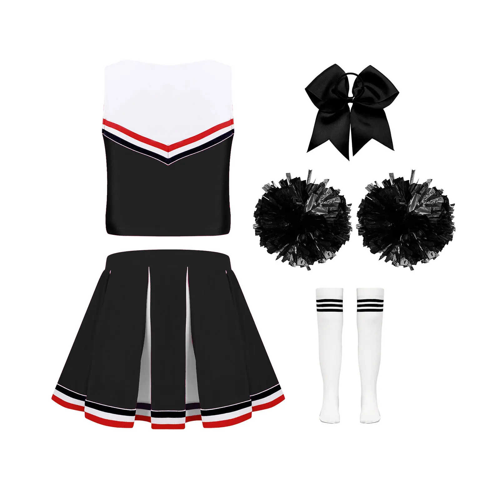 Big Girls Cheer Leader Dance Costume Schoolgirls Uniform Pompom Crop Tops and Pleated Skirts Headwear Socks Cheerleaders Outfits