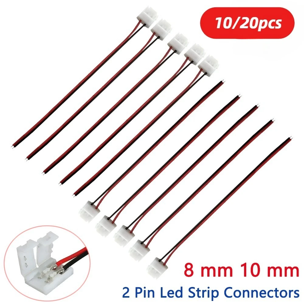 10/20pcs 2pin LED Wire Connector 8mm 10mm Solderless 2 Pin Led Strip Connectors for 2835/5050 LED Lamp Strip