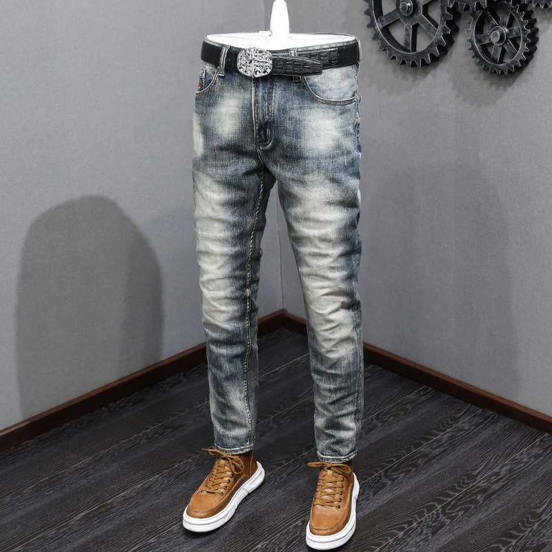 

Fashion Vintage Men Jeans High Quality Retro Washed Blue Stretch Slim Fit Ripped Jeans Men Embroidery Designer Denim Pants Homme