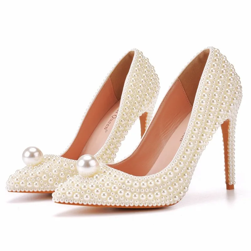 

Women Pumps Party Prom Pointed Toe Pearl String Bead PU 7.5CM 11CM Thin Heels Lady Wedding Style Fashion Women's Shoes Beige