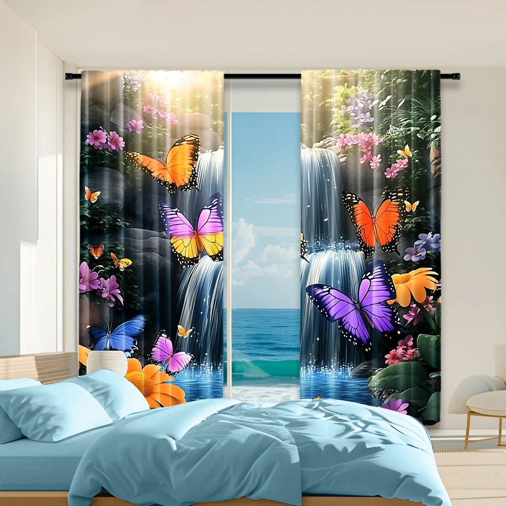 

2Pcs Colorful Butterfly Floral Waterfall Print Curtains Rod Hole Design For Easy Hanging Polyester Drapes For Bedroom And Living
