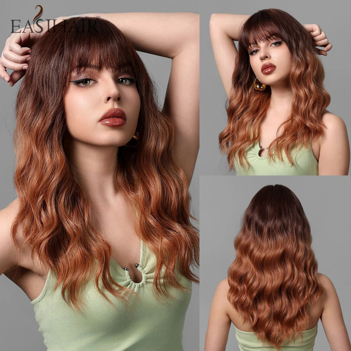EASIHAIR Ombre Copper Brown Synthetic Hair Wig Long Curly Wavy Wigs with Bangs for Women Cosplay Daily Natural Heat Resistant