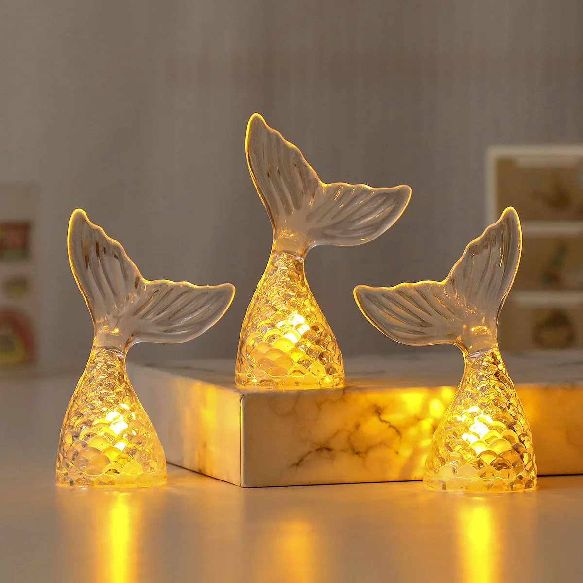 3X mermaid tail light 9.3cm Projection Candle Tea light Battery Operated atmosphere lamp for Xmas Flameless Kid's Night Lamp