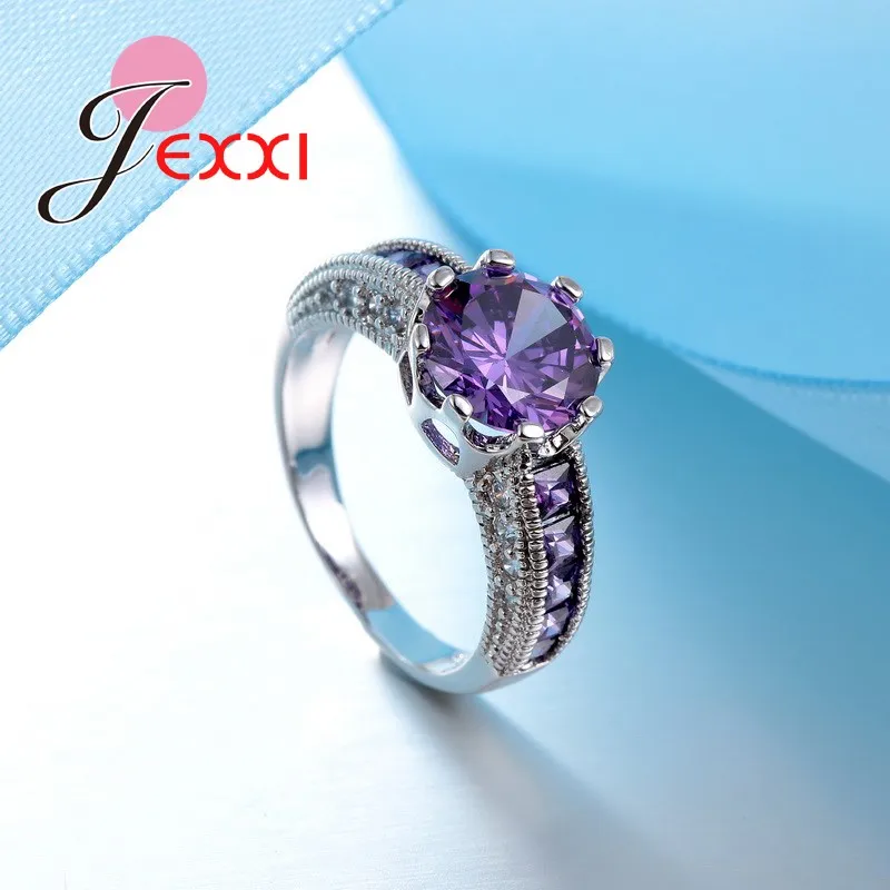 Classic Women Band Rings Setting With Purple Shiny Zircons 925 Sterling Silver Color Wedding Party Ring Accessories Wholesale