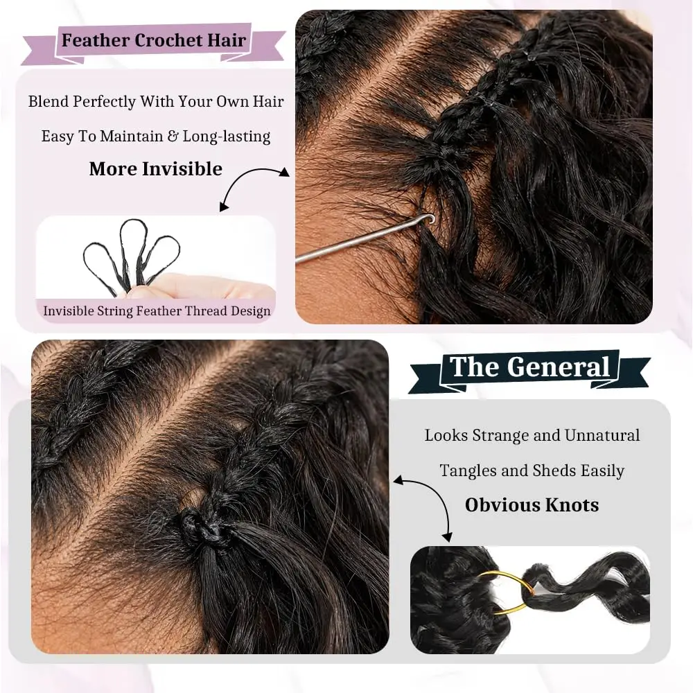 Burmese Curly Crochet Human Hair Extensions, Pre-Looped Miracle Knots Invisible Feather-Line Feather Crochet Hair, Spiral Curly Boho Braiding Hair for Braids