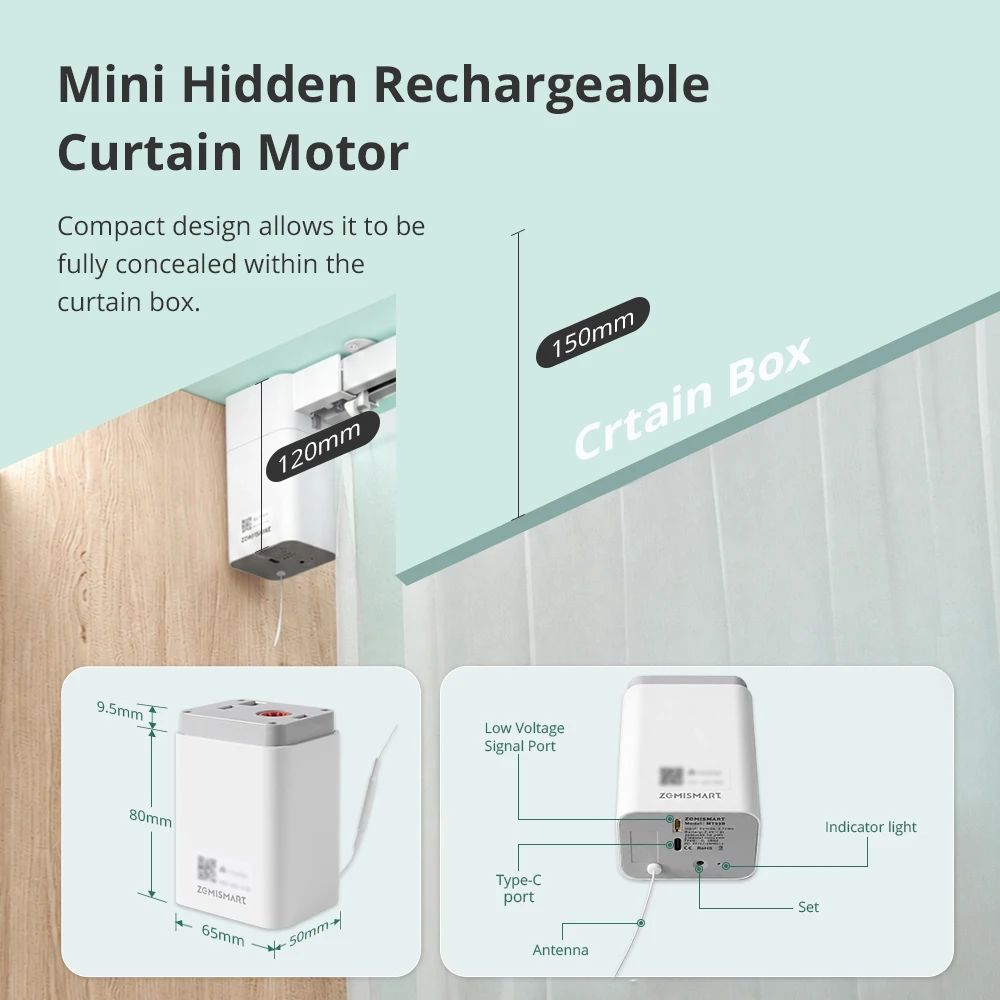 Zemismart Matter Thread 6400mAh Rechargeable Motor with Curtain Track Support Homekit SmartThings Alexa Google Home Homey MT03B