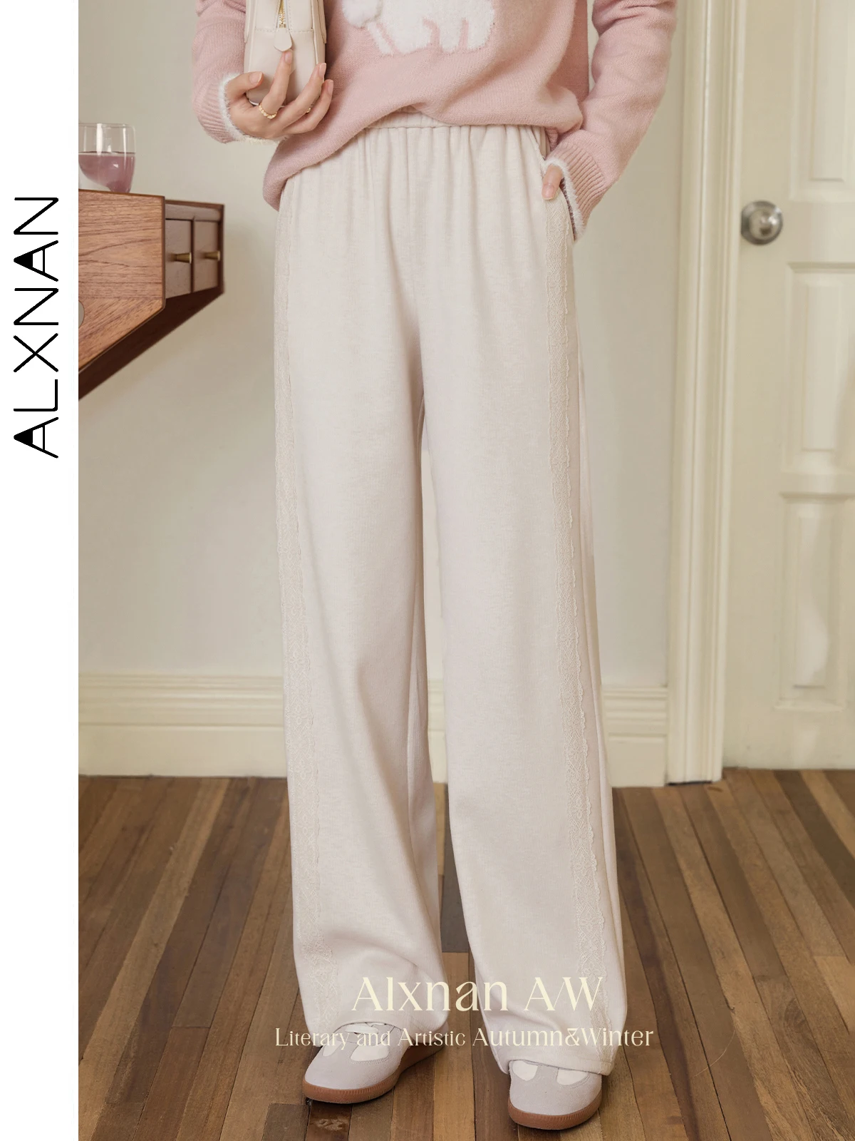 ALXNAN Women's High Waist Casual Pants 2024 Autumn Winter Elastic Waist Wave Edge Skew Pocket Female Loose Wide Leg Pant L50770