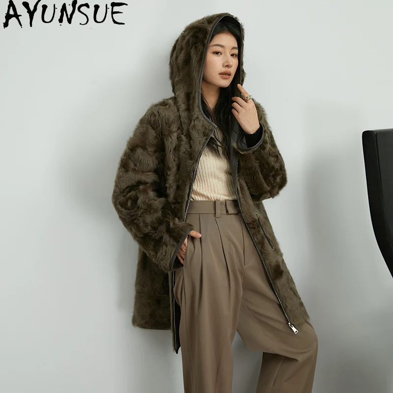 AYUNSUE سترة جلدية حقيقية للنساء معطف فرو من جلد الغنم الطبيعي ملابس شتوية دافئة للسيدات 2025 هوديي شوبانا Жenca فضفاضة تناسب #2