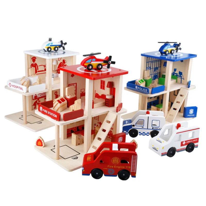 Holzzug gleis Zubehör Kinder Trägheit Hand Schieben Spielzeug Auto Gleis Lift Polizei Feuer kompatibel Holzbahn Geschenk pd84